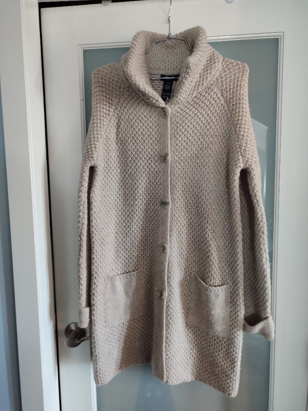 Olsen Beige Chunky Knit Cardigan Sweater with Collar and Pockets S/M 8